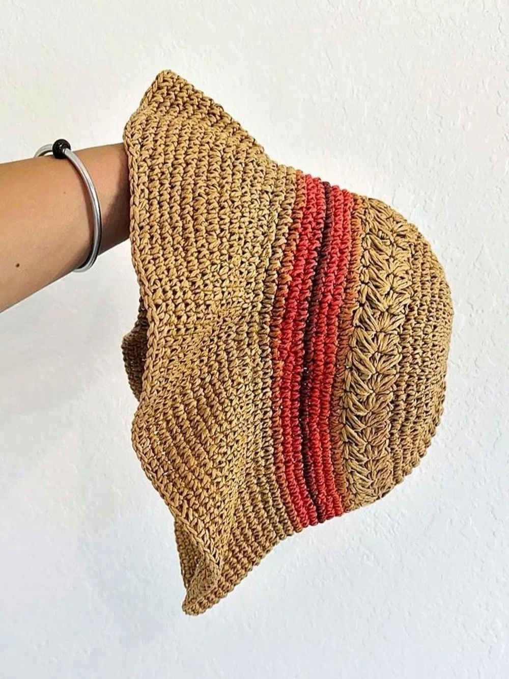 Vintage Brown paper bucket hat with red stripes